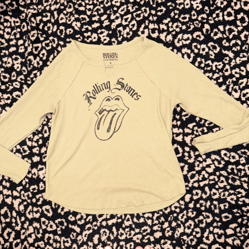 Lucky Brand Thermal Top Women Small Green Rolling Stones Graphic Rock Indie Tee